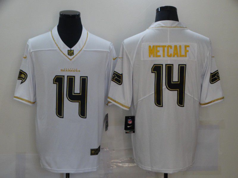 Men Seattle Seahawks #14 Metcalf White Retro Gold Lettering 2020 Nike NFL Jersey->arizona cardinals->NFL Jersey